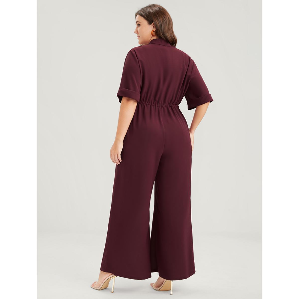 Plus Size Scarlet Plain Button Pocket Cuffed Sleeve Shirt Collar Drawstring Jumpsuit Women Casual Half Sleeve Shirt collar Dailywear Loose Jumpsuits BloomChic 30/6X Product Image