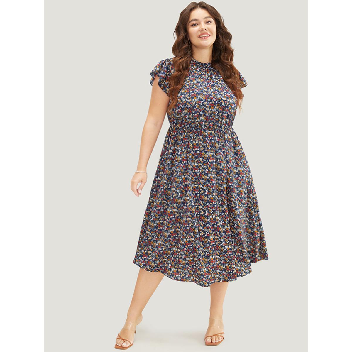 Plus Size Ditsy Floral Ruffle Sleeve Pocket Frill Trim Mock Neck Dress DarkBlue Women Elegant Pocket Mock Neck Half Sleeve Curvy Midi Dress BloomChic 22-24/3X Product Image