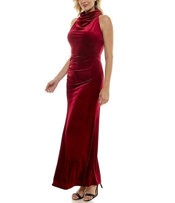 Taylor Stretch Velvet High Mock Neck Sleeveless Side Ruching Detail Front Slit Sheath Dress Product Image