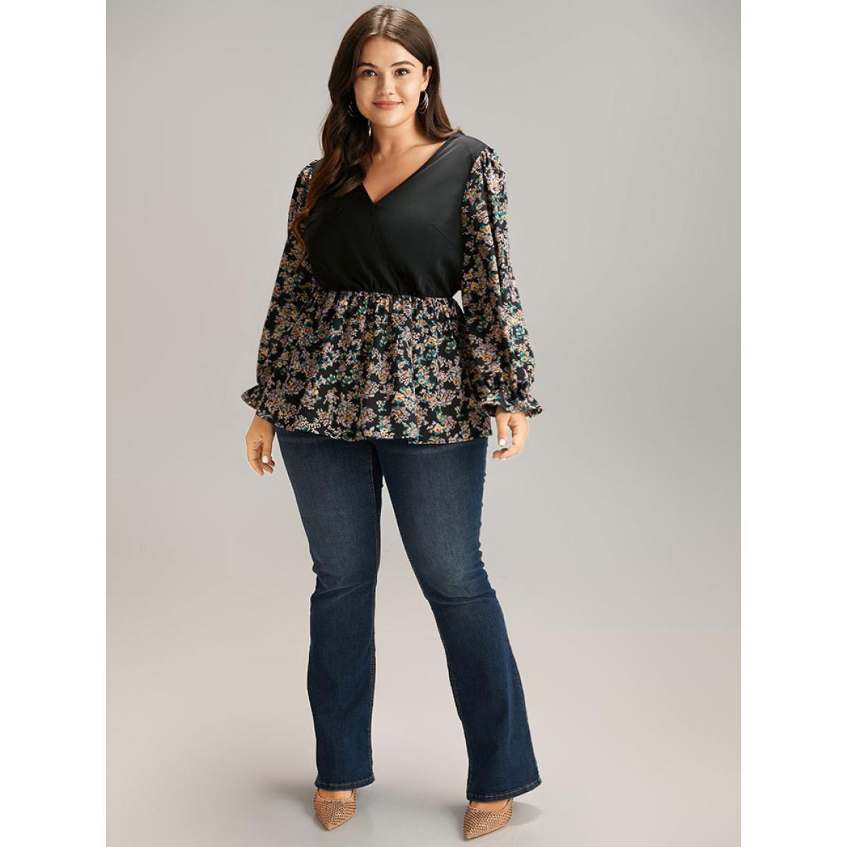 Plus Size Black Ditsy Floral Patchwork Elastic Waist Blouse Women Elegant Long Sleeve V-neck Everyday Blouses BloomChic 30/6X Product Image