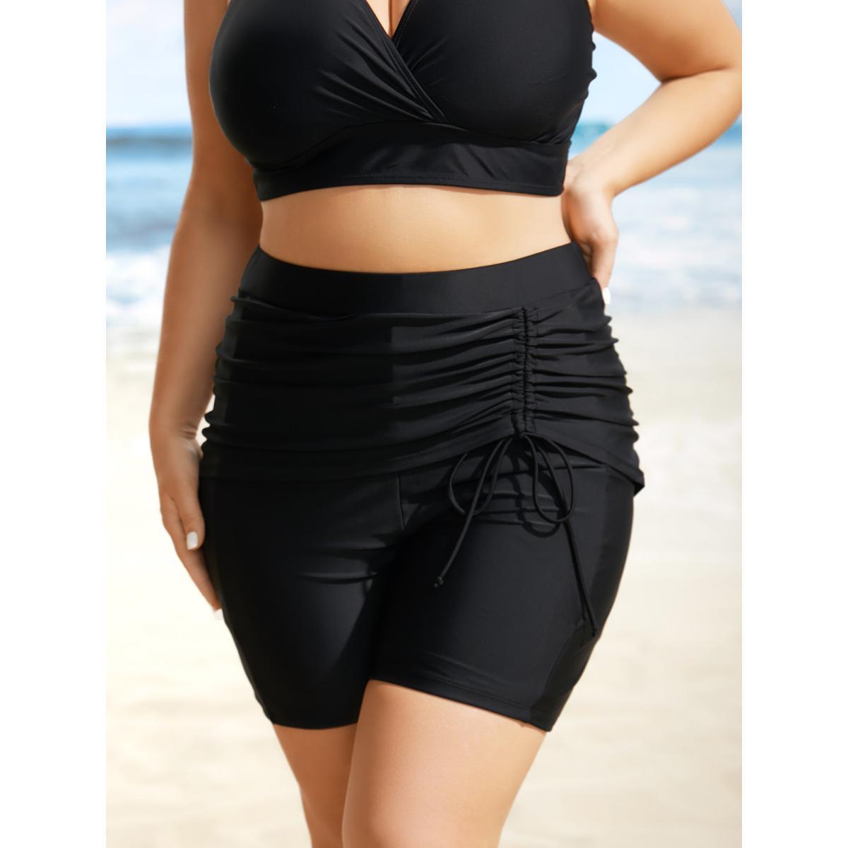Plus Size High Rise Tiered Drawstring Gathered Swim Bottom Women's Swimwear Black Beach Gathered High stretch Skinny High Rise Side seam pocket Curve Swim Bottoms BloomChic 30/6X Product Image