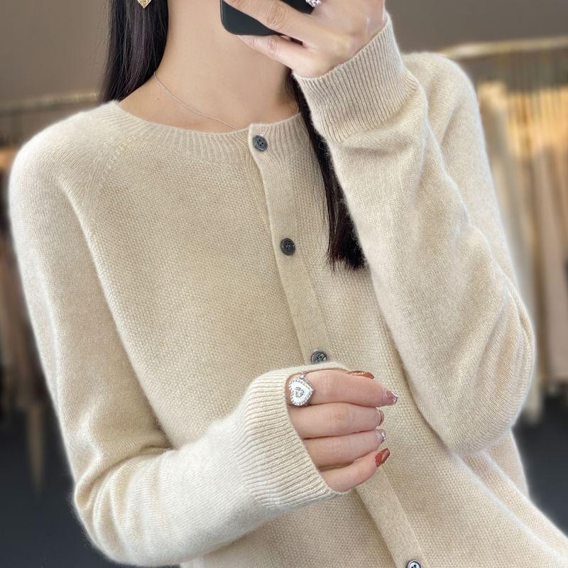 Round Neck Plain Button Cardigan Product Image