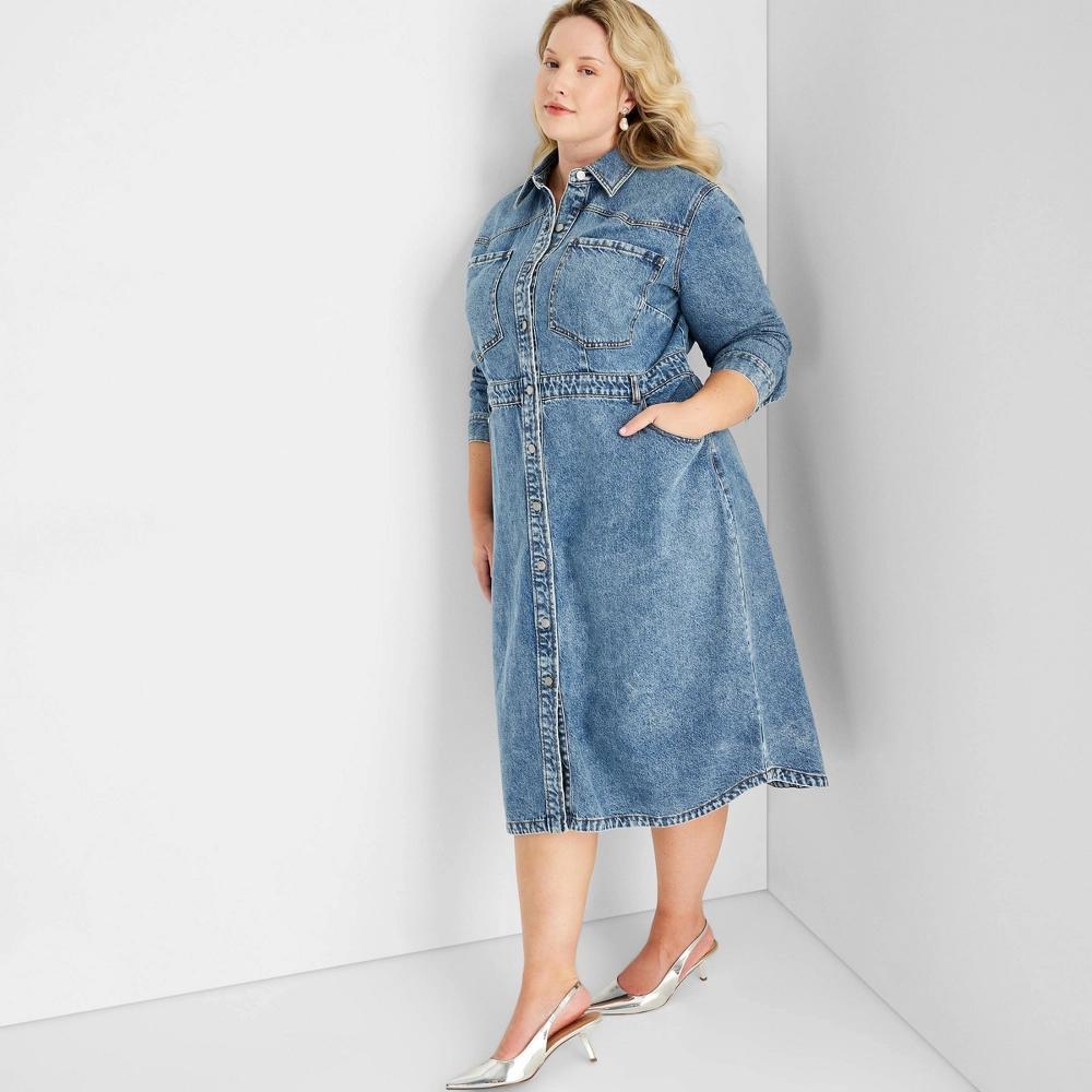 Women's Long Sleeve Denim Midi Dress - Future Collective Medium Wash 26 Product Image