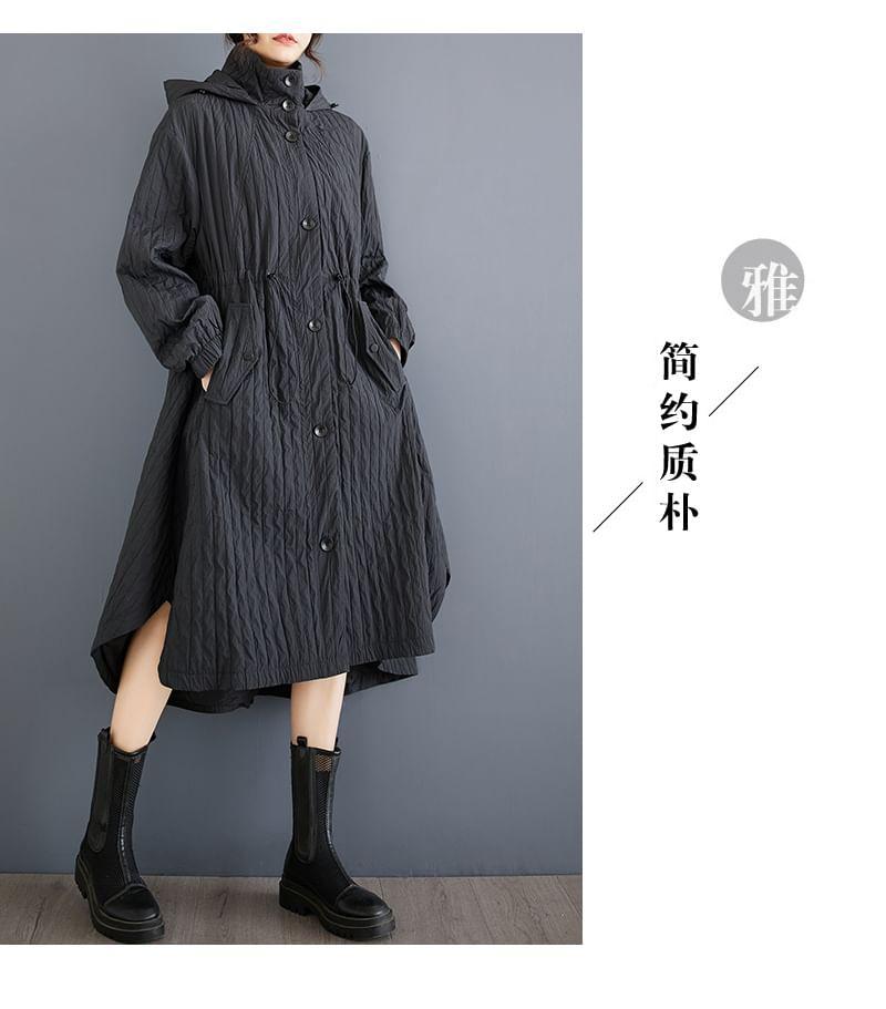 Stand Collar Plain Asymmetrical Hooded Midi Single-Breasted Coat Product Image