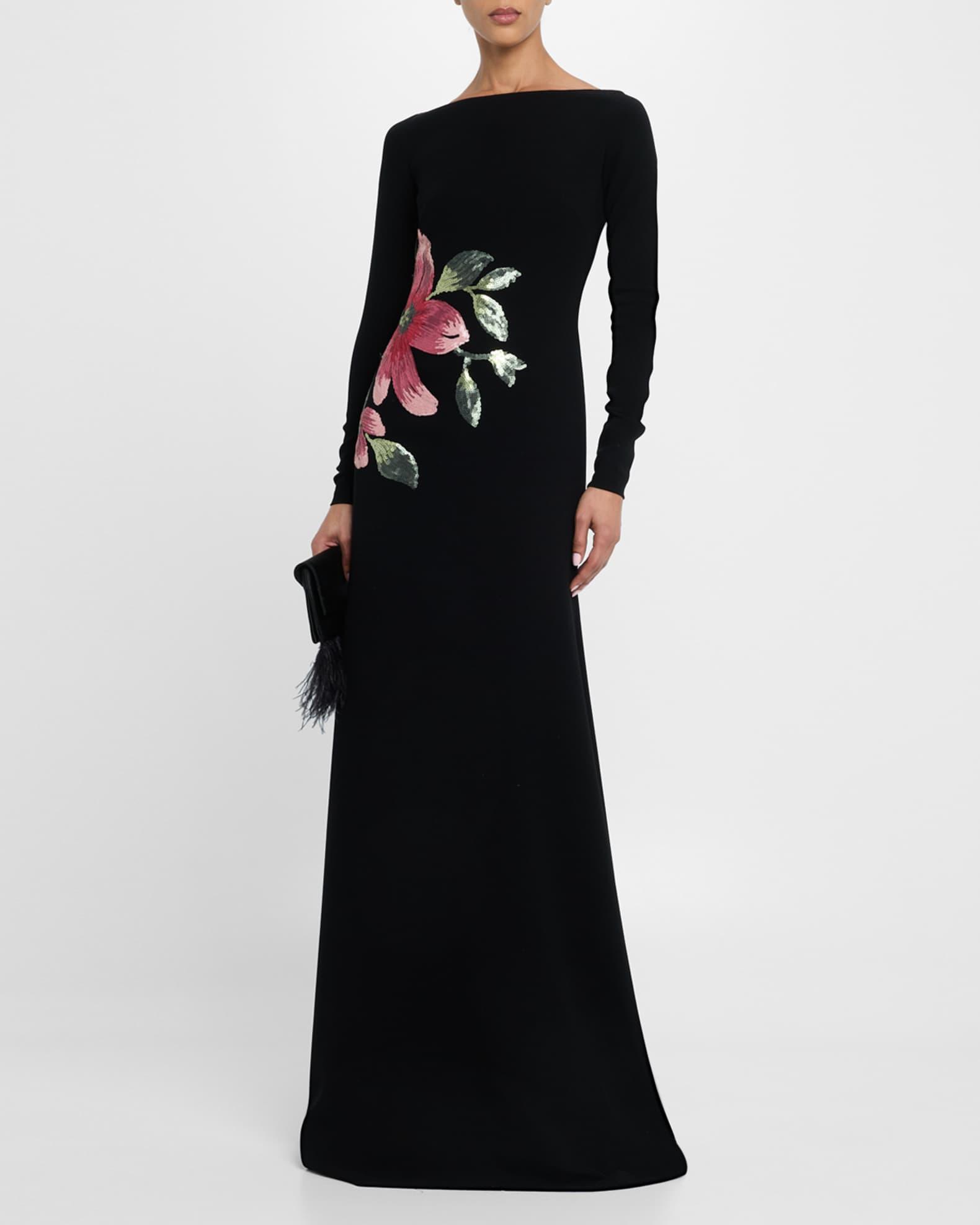 Floral Beaded Crepe Long-Sleeve Trumpet Gown Product Image
