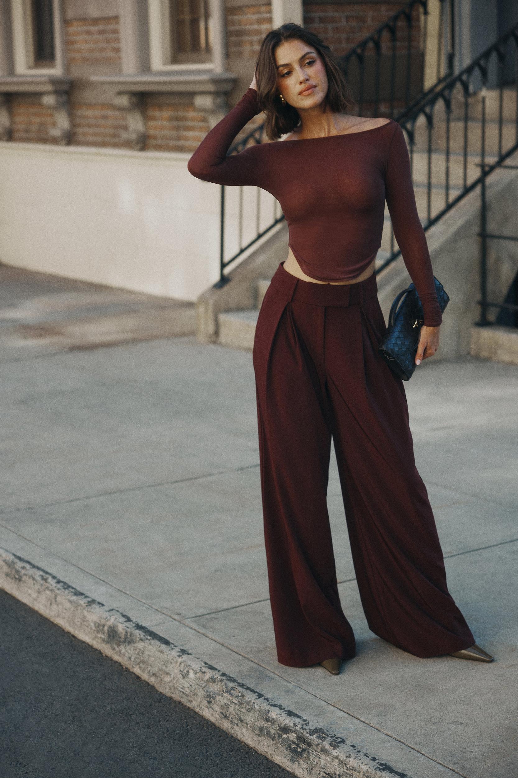 Jacqueline Pleated Wide Leg Pants - Mahogany Product Image