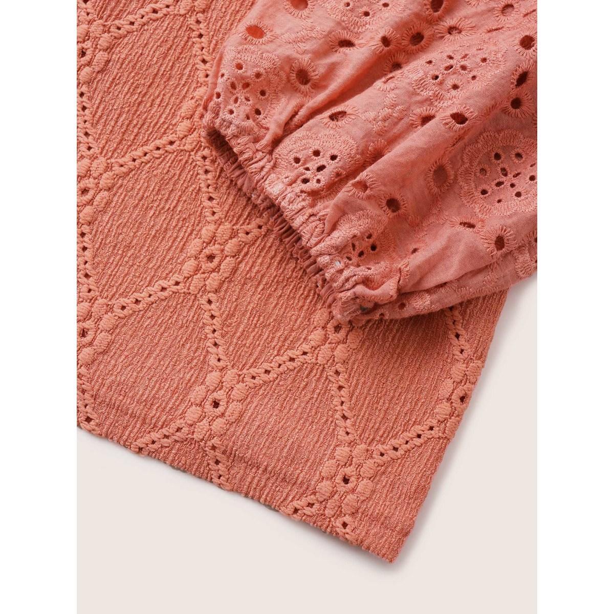 Plus Size Plain Texture Broderie Anglaise Patchwork T-shirt Salmon Women Resort Texture Plain V-neck Vacation T-shirts BloomChic 18-20/2X Product Image