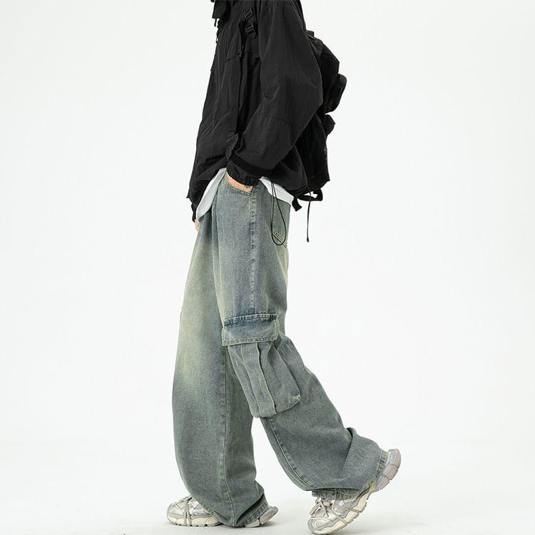 Mid Rise Washed Wide Leg Cargo Jeans Product Image