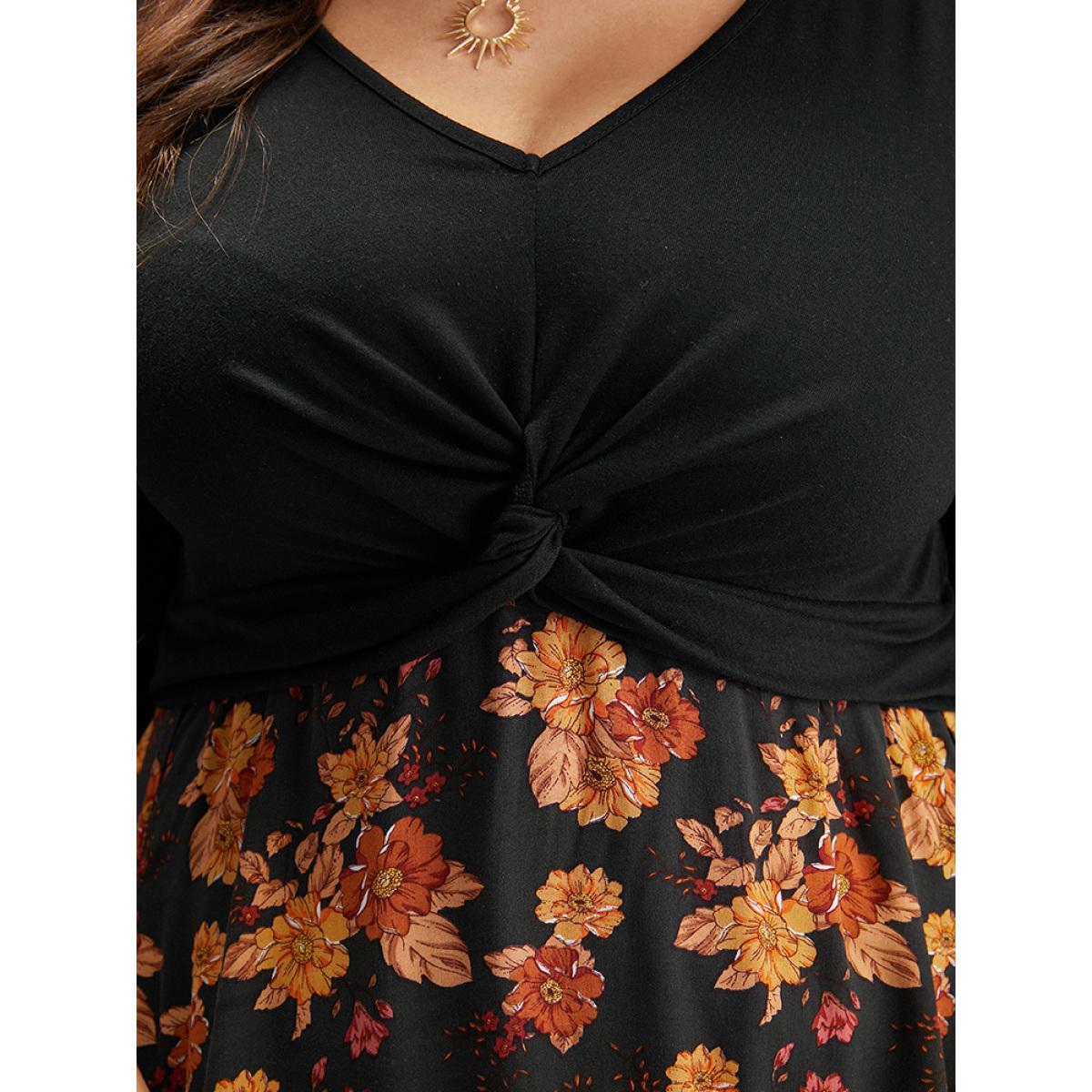 Plus Size Supersoft Essentials Floral Patchwork Twist Front Dress Black Women Elegant Elastic cuffs V-neck Long Sleeve Curvy Midi Dress BloomChic 14-16/1X Product Image