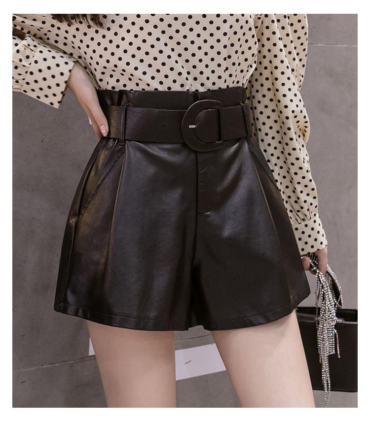 Set: High Waist Faux Leather Shorts + Belt Product Image