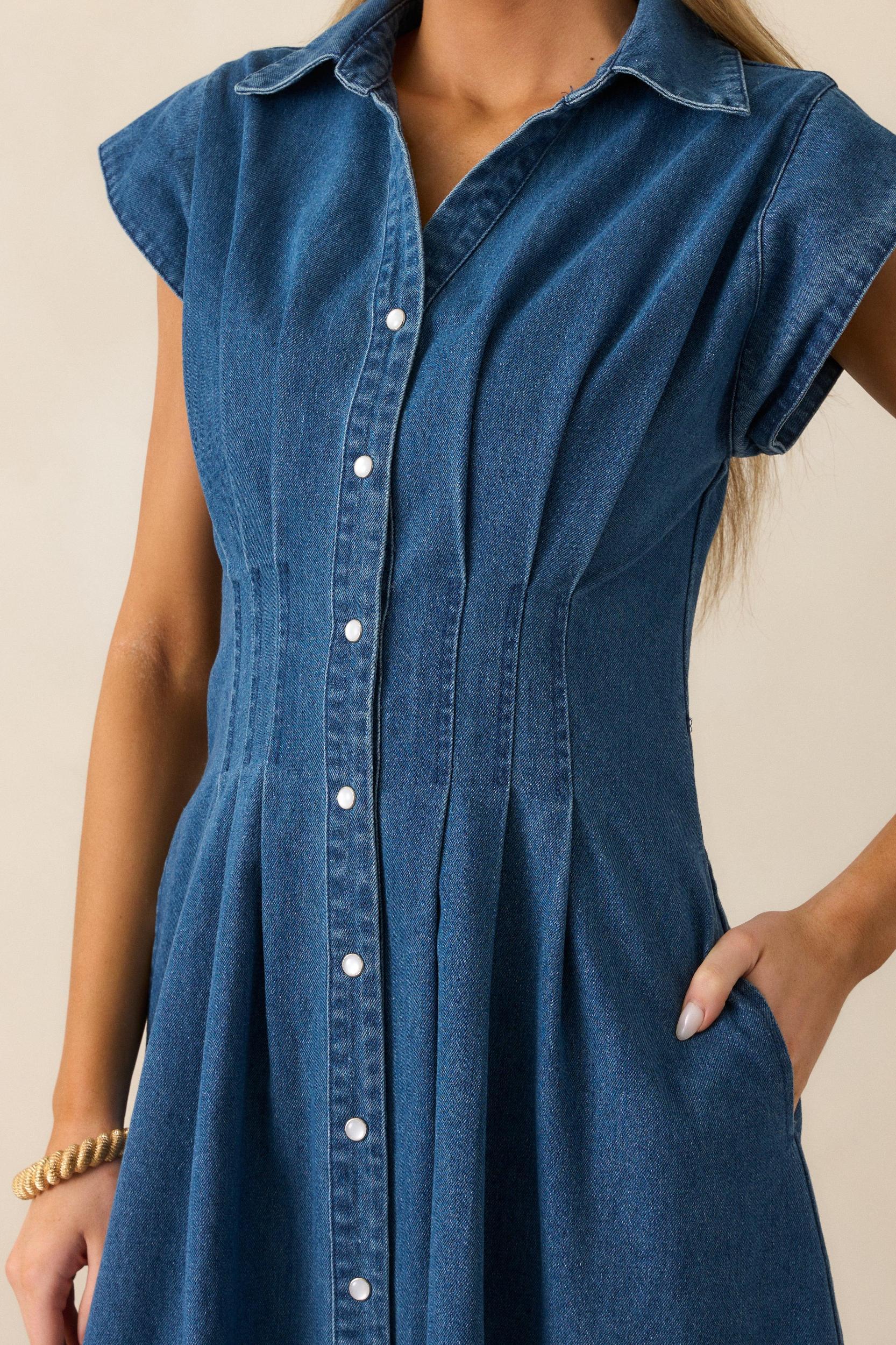 Classic Tea Party Dark Wash Denim Button Front Pleated Midi Dress Product Image