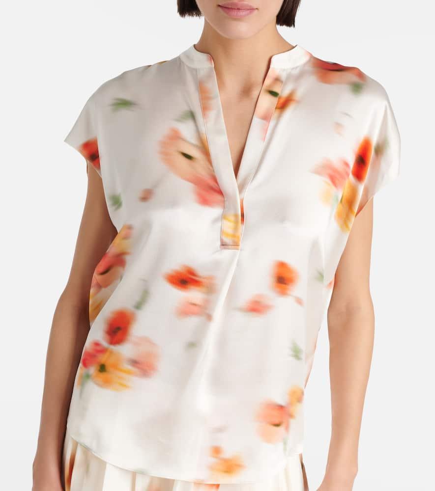 Printed Split Neck Silk Top In Cream Dusk Product Image