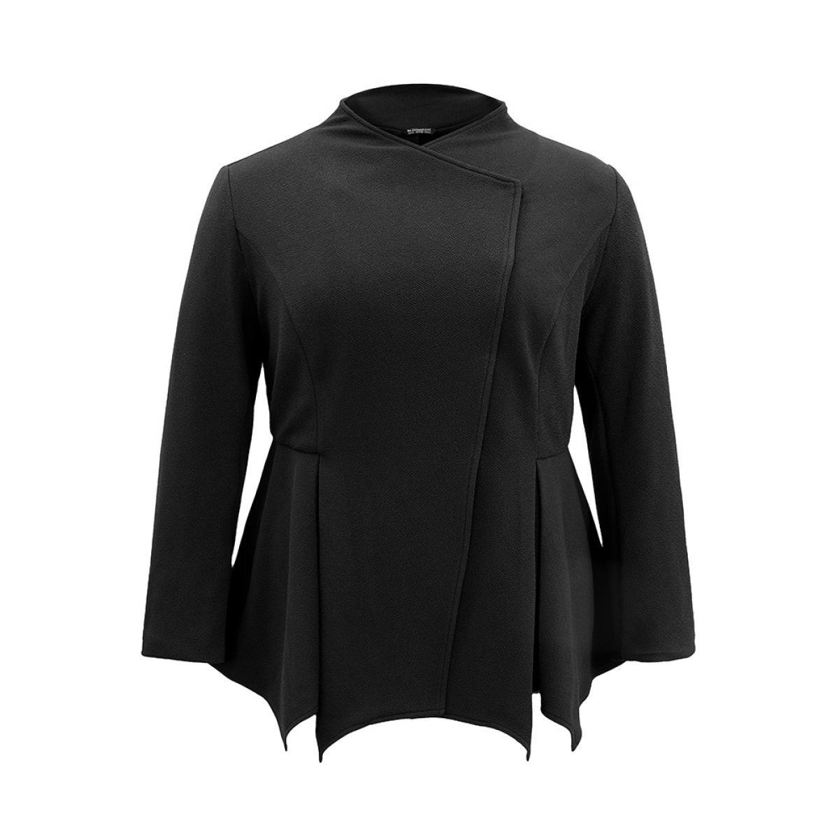 Plus Size Plain Asymmetrical Neck Button Up Blazer Black Women Work Plain Lined Sleeve Long Sleeve Asymmetrical Neck 22-24/3X Work From Home Blazers BloomChic Product Image