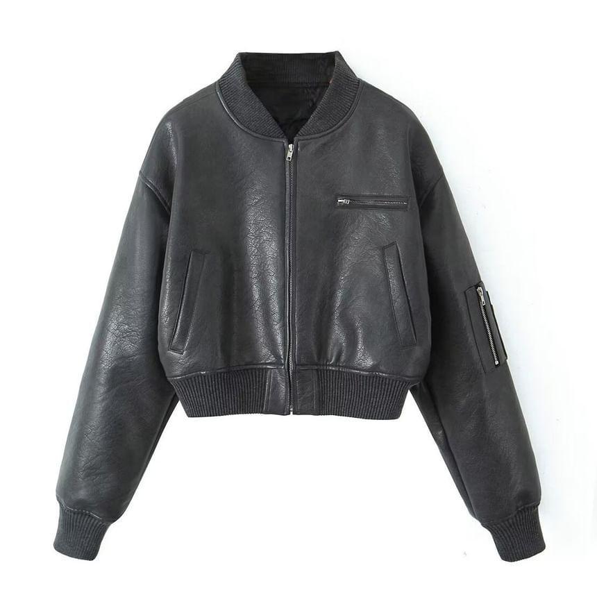 Plain Faux Leather Crop Zip Bomber Jacket Product Image