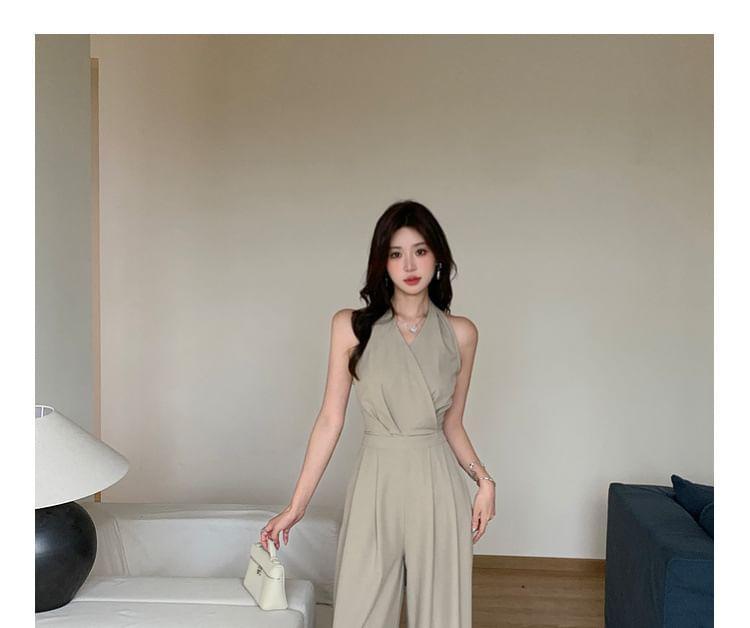 Halter Plain Wide Leg Wrap Jumpsuit Product Image