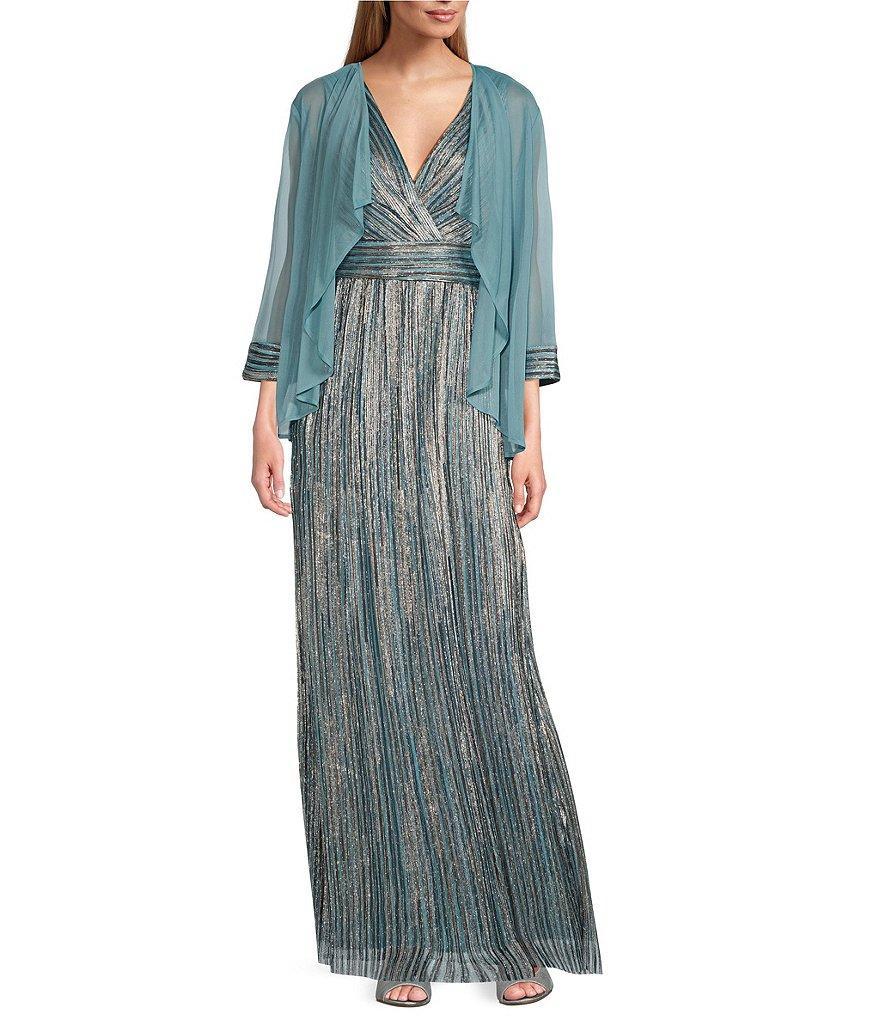 R & M Richards V Neck 3/4 Sleeve Drape Front Matte Jersey Chiffon/Foil Print 2-Piece Jacket Dress Product Image