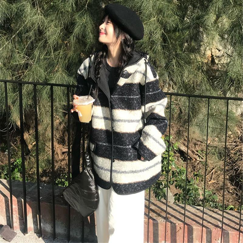 Striped Hooded Button-Up Fleece Jacket Product Image