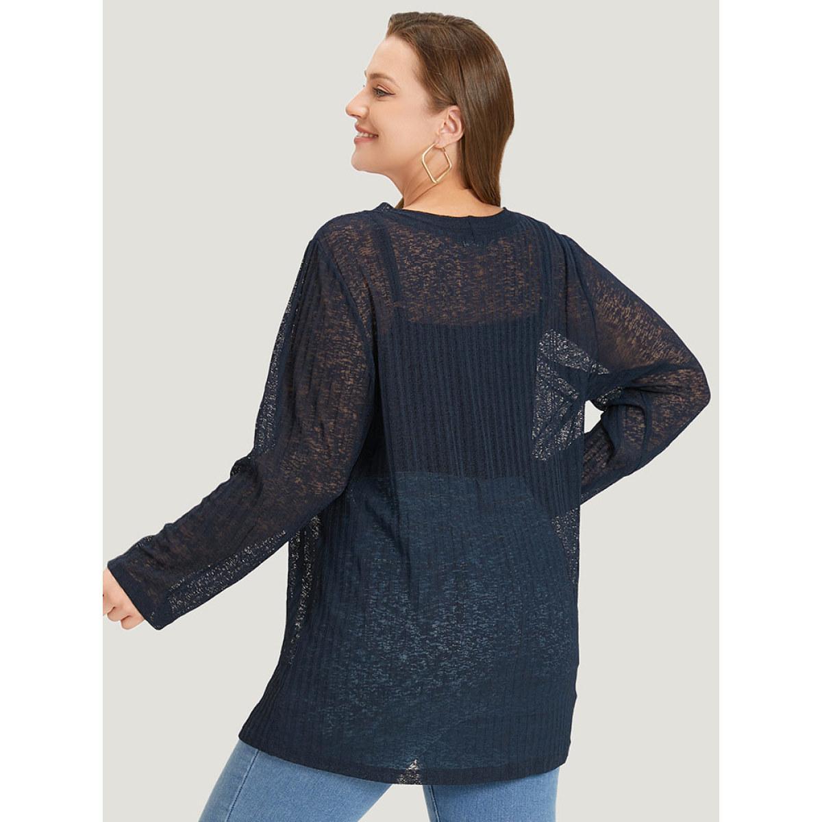 Plus Size Solid Rib Knit Button Through Mesh Kimono Women DarkBlue Casual See through Dailywear Kimonos BloomChic 18-20/2X Product Image