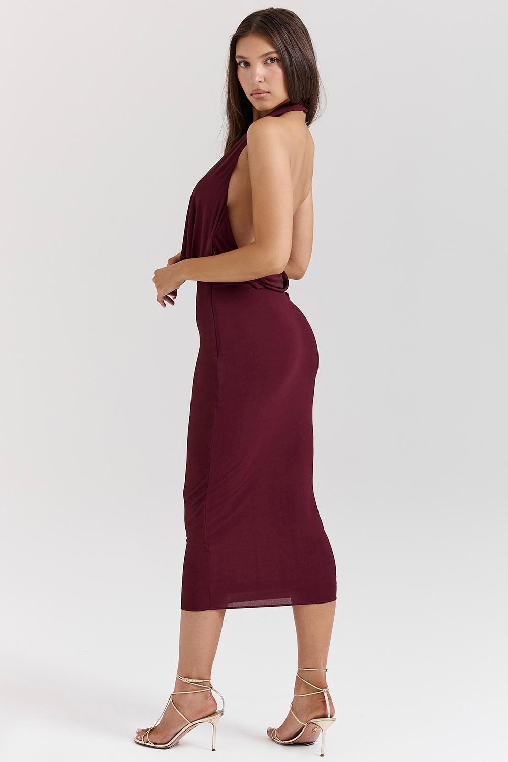 Florentina Merlot Draped Midi Dress Product Image