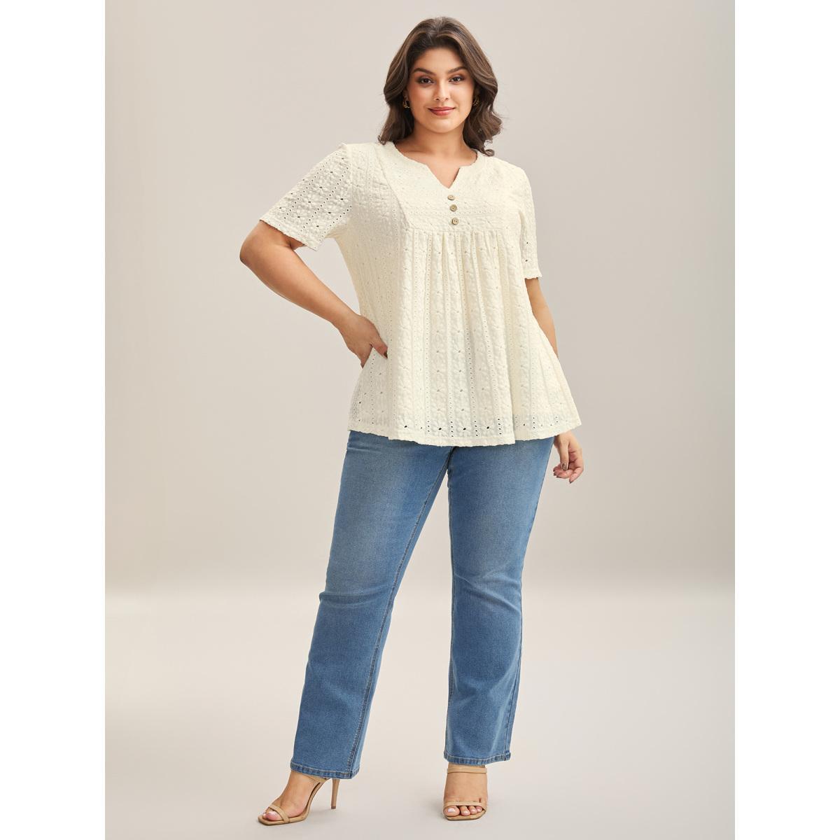 Plus Size Textured Pleated Split Neck T-Shirt WhiteSmoke Women Texture Flat collar with V-notch Everyday-Elegant T-shirts BloomChic 30/6X Product Image