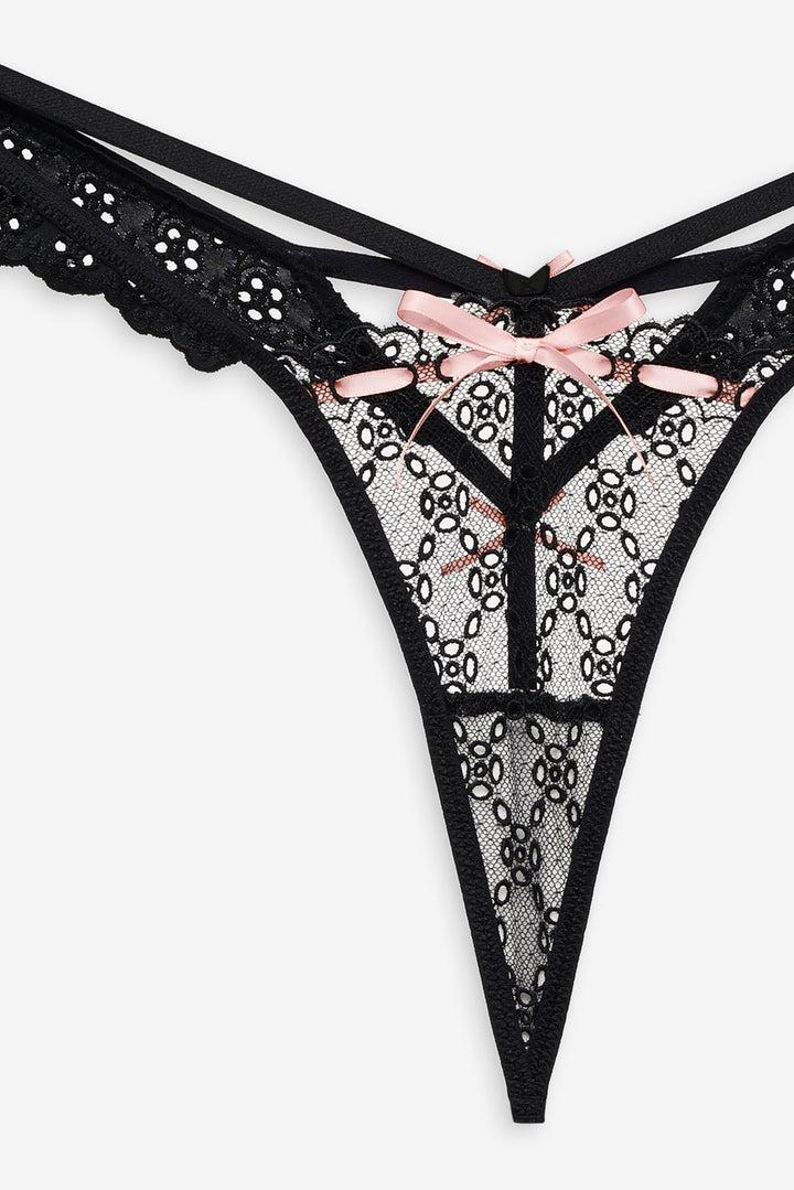 Elena Eyelet Thong Panty — Black Product Image