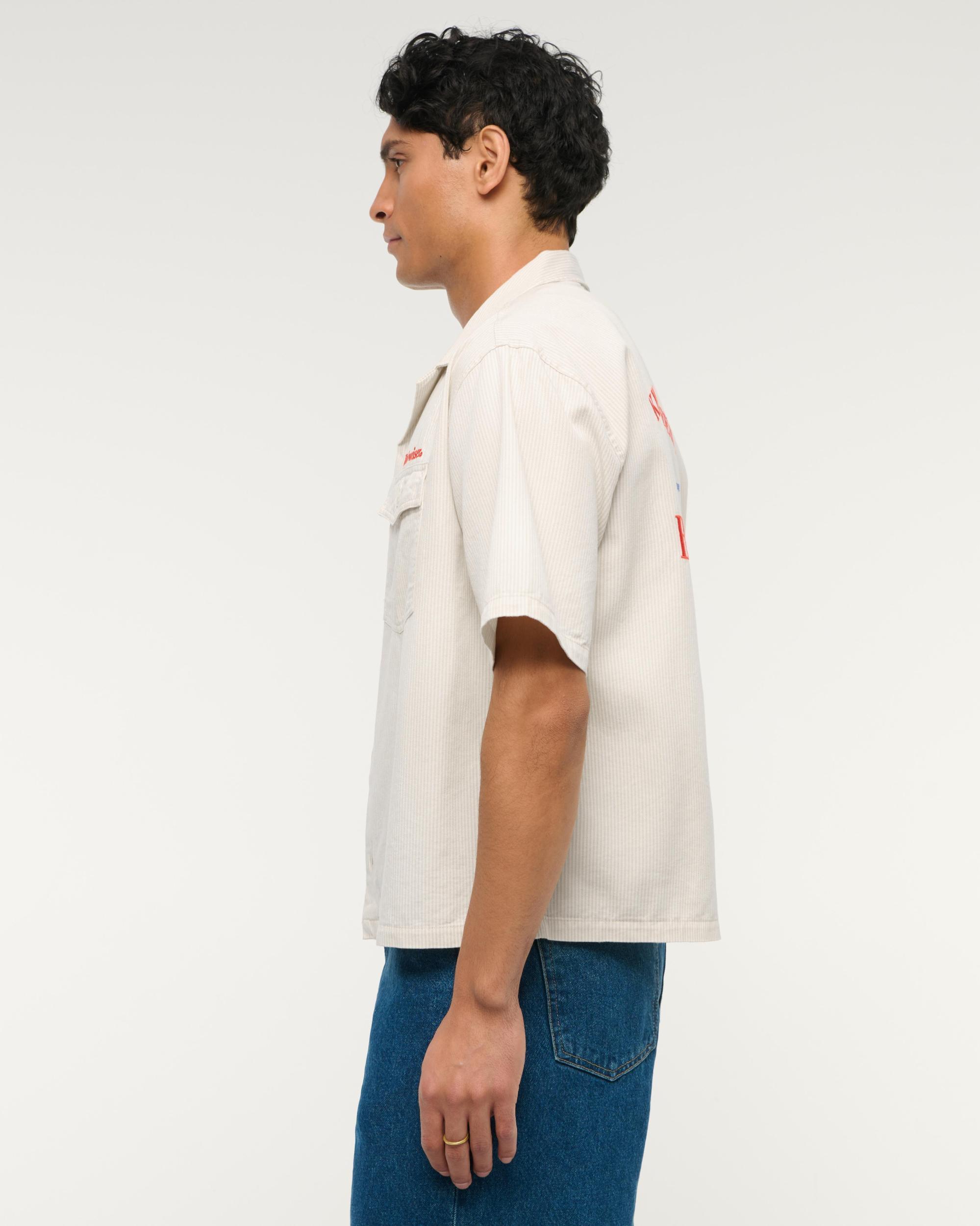 Short-Sleeve Cropped Pabst Workwear Button-Up Shirt Product Image