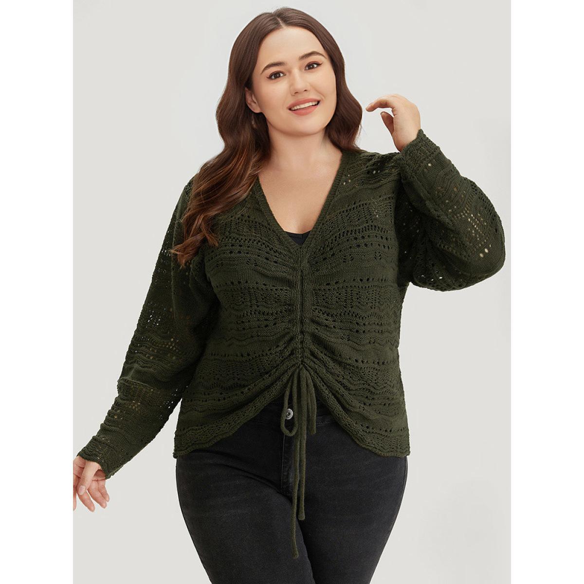 Plus Size Plain Drawstring Hem V Neck Pullover ArmyGreen Women Casual Loose Long Sleeve V-neck Everyday Pullovers BloomChic 14-16/1X Product Image