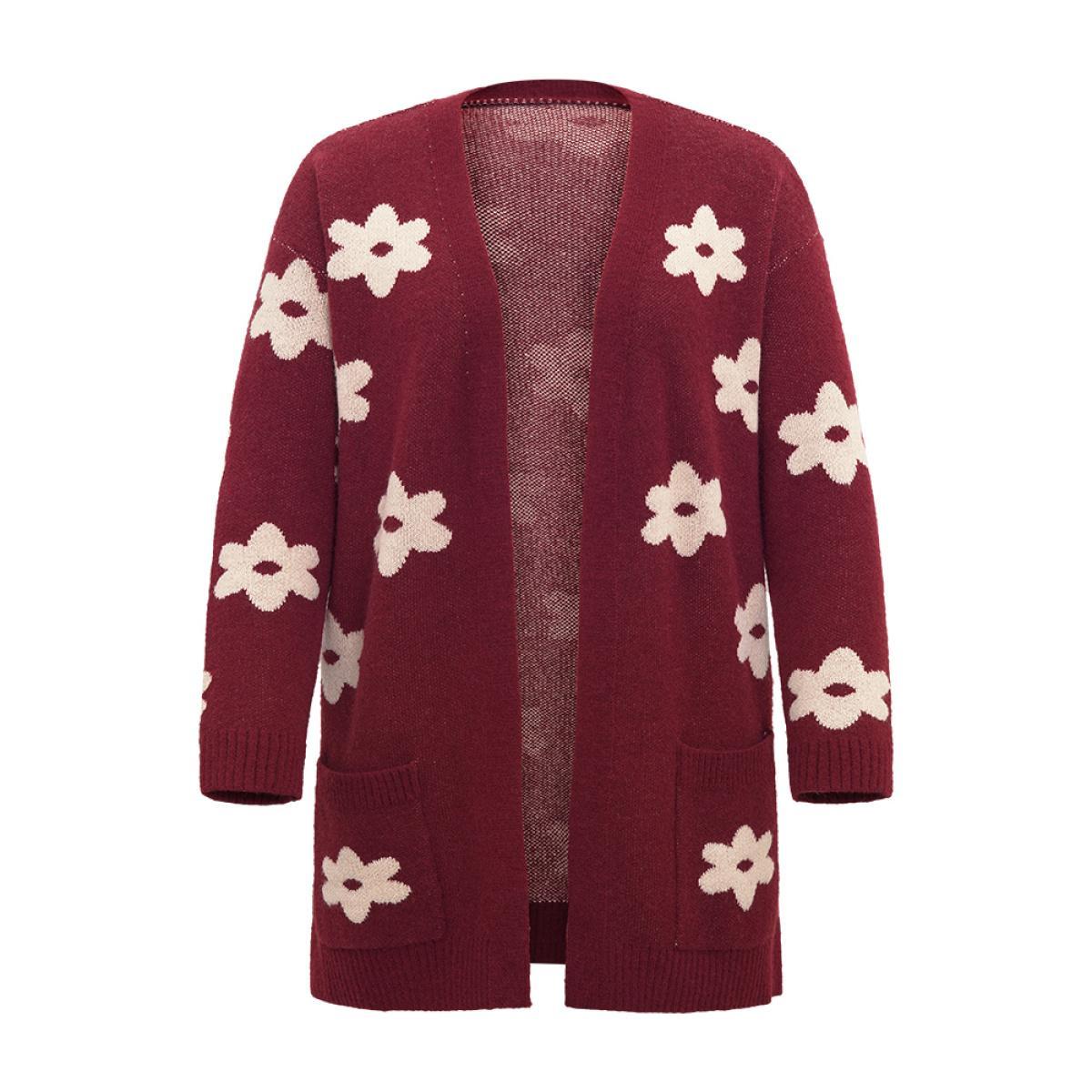 Plus Size Floral Two Tone Open Front Cardigan Burgundy Women Casual Loose Long Sleeve Dailywear Cardigans BloomChic 22-24/3X Product Image
