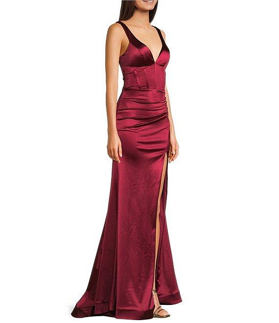 Honey and Rosie Sateen V-Neck Sleeveless Lace Up Back Pleated Dress Product Image