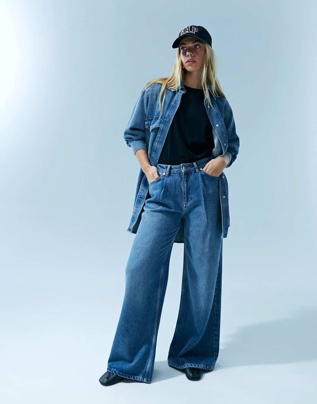 ASOS DESIGN premium pleated jeans in wash blue - part of a set Product Image
