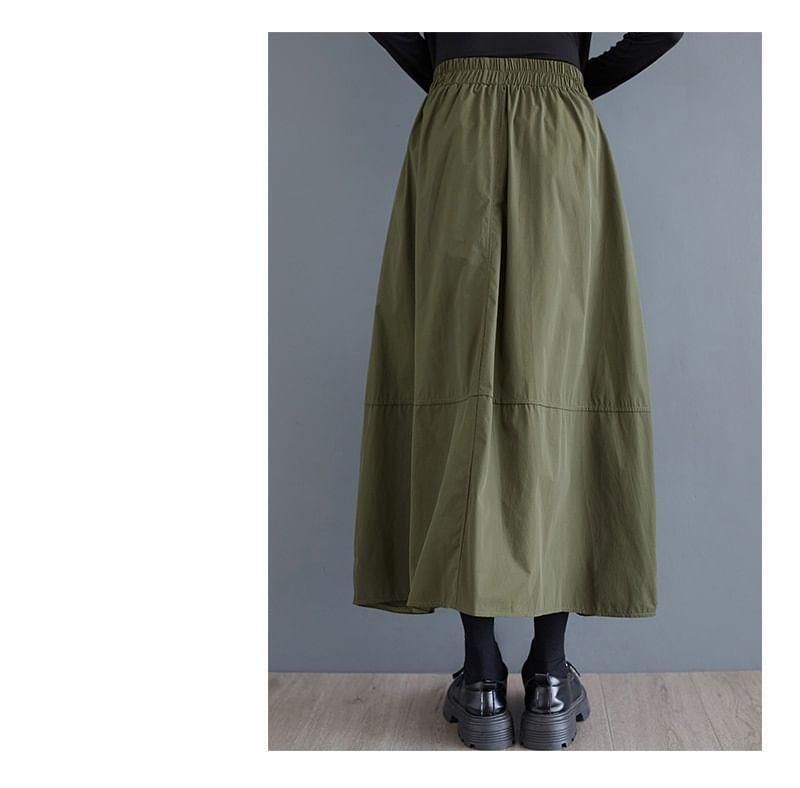 Elastic Waist Plain Asymmetrical Buttoned Slit Midi A-Line Skirt Product Image