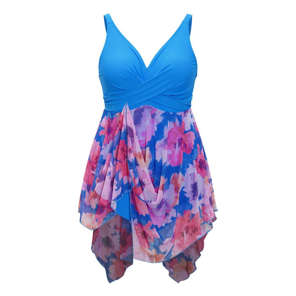 Plus Size Floral Patchwork Hanky Hem Crossover V Neck Swim Dress Women's Swimwear Cerulean Vacation Bodycon V-neck High stretch Curve Swim Dresses BloomChic 14-16/1X Product Image