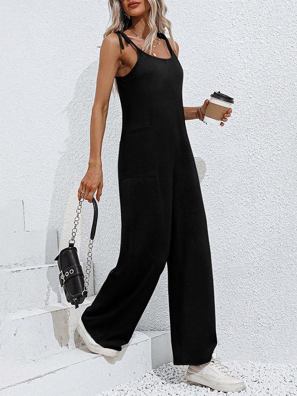 High Waisted Sleeveless Pockets Solid Color Tied Spaghetti-Neck Jumpsuits Product Image