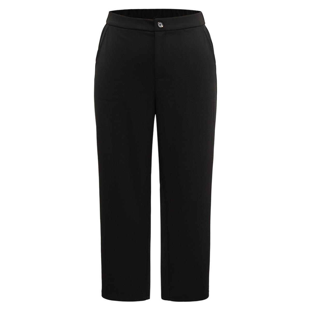 Plus Size Plain Elastic Waist Pocket Mid Rise Pants Women Black Office Mid Rise Work Pants BloomChic 26/4X Product Image