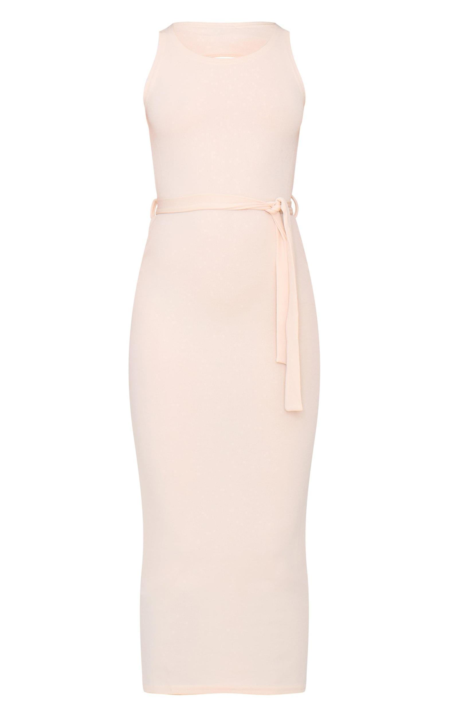 Cream Rib Cut Out Back Detail Tie Waist Midaxi Dress Product Image