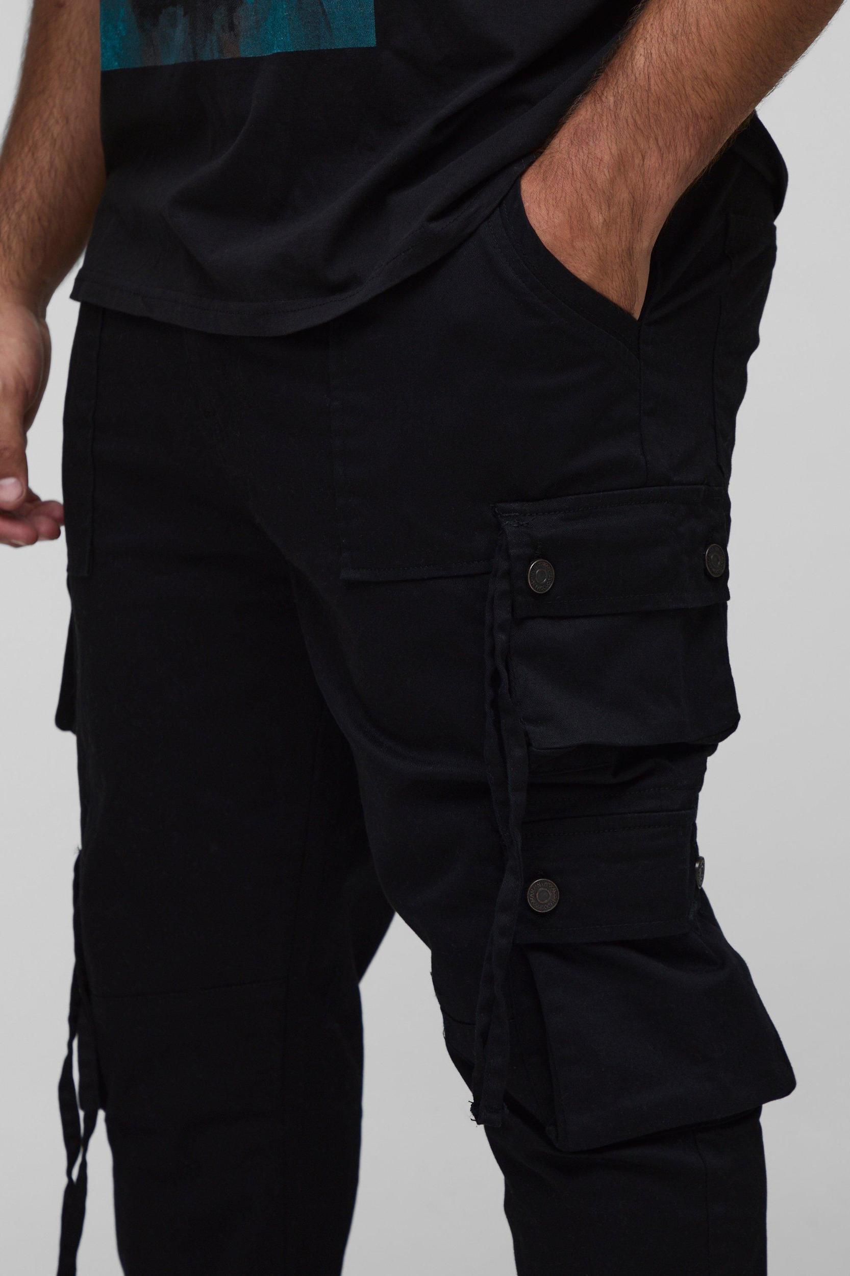 Plus Fixed Waist Multi Cargo Strap Detail Skinny Cargo Trousers | boohooMAN USA Product Image