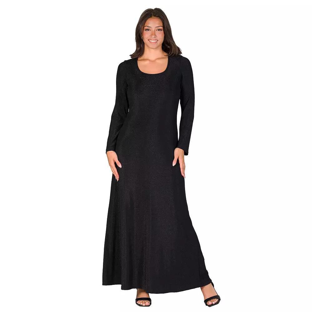 Women's 24Seven Comfort Apparel Long Sleeve Scoopneck Shimmer Maxi Dress, Size: Large, Gold Product Image