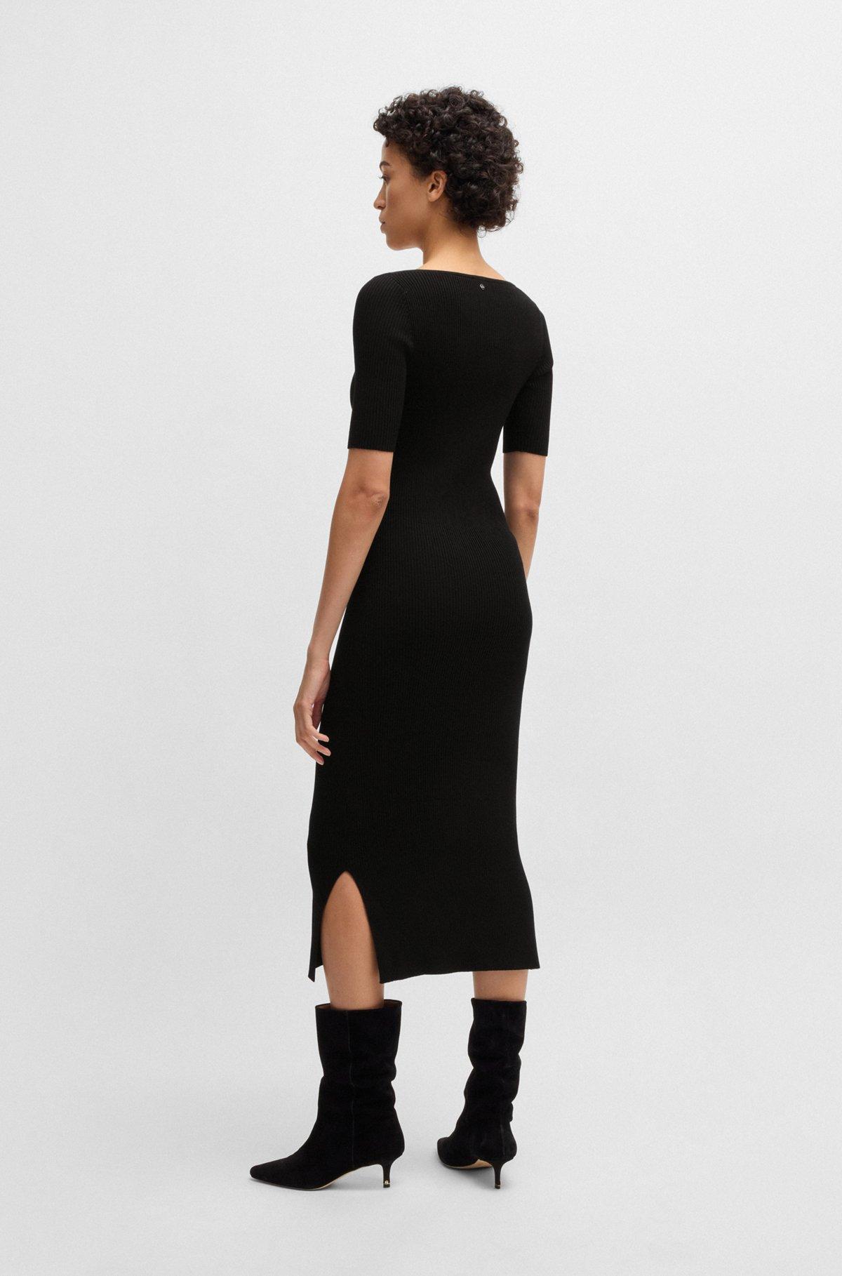 BOSS - Knitted dress with V neckline in stretch yarns - Black Product Image