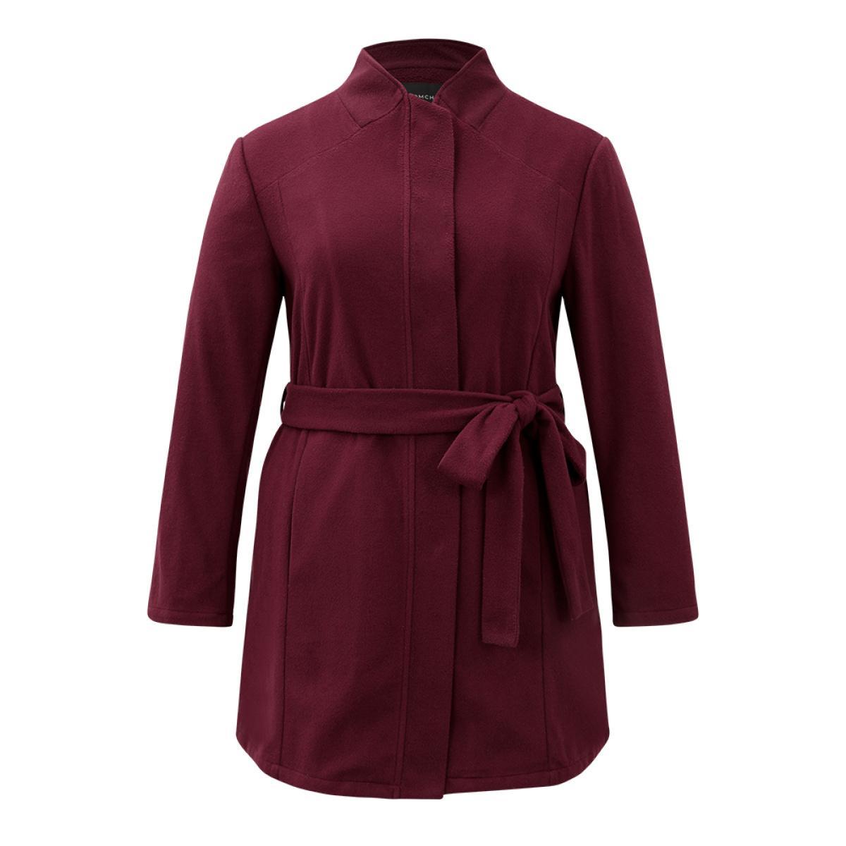 Plus Size Solid Button Fly Stand Collar Belted Pocket Coat Women Burgundy Casual Plain Ladies Everyday Winter Coats BloomChic 14-16/1X Product Image