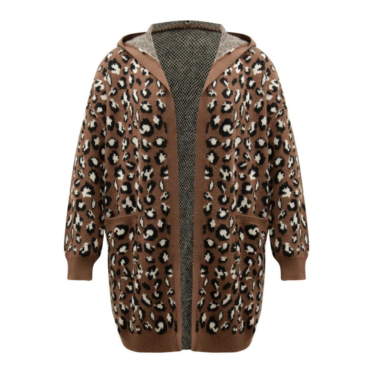 Plus Size Supersoft Essentials Leopard Hooded Pocket Cardigan DarkBrown Women Casual Loose Long Sleeve Dailywear Cardigans BloomChic 18-20/2X Product Image