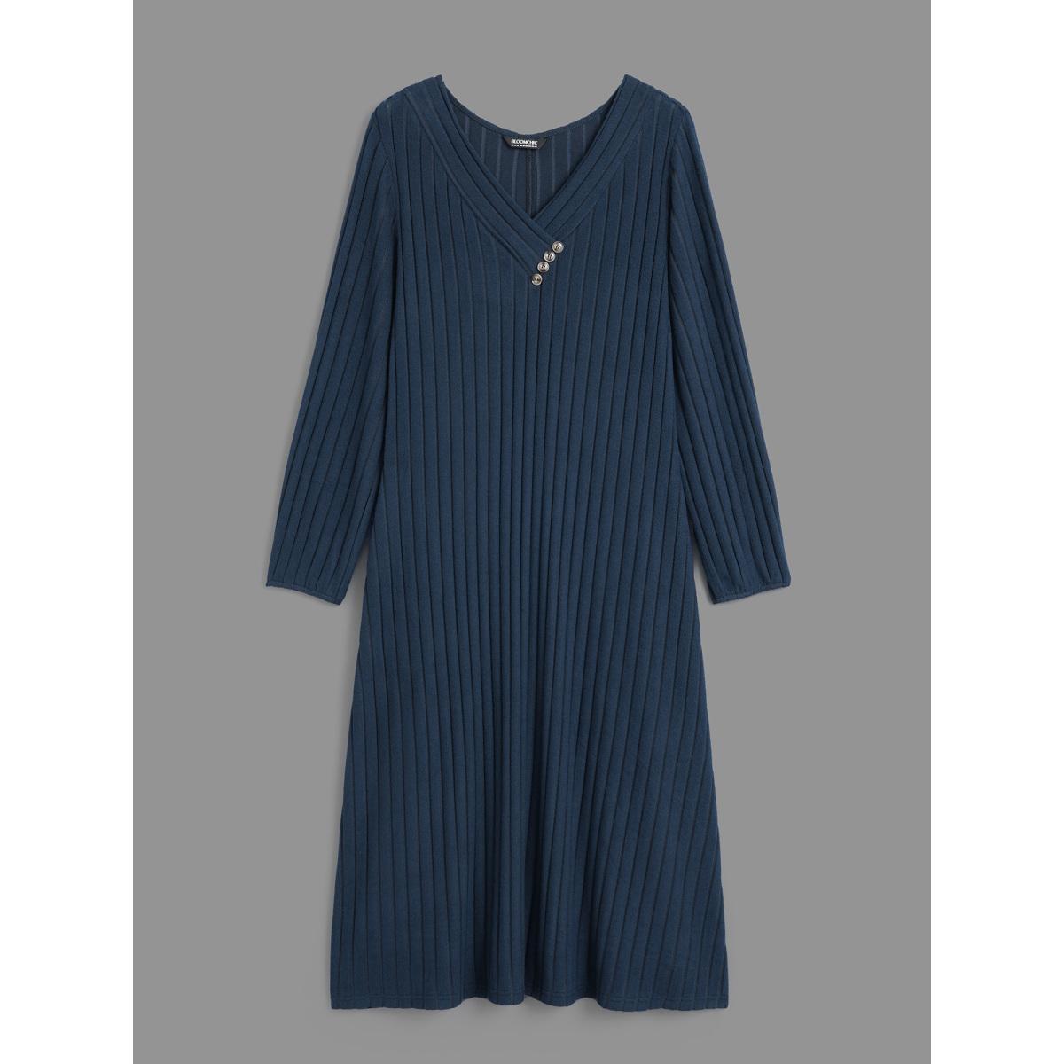 Plus Size Plain Rib Knit Button Detail Dress DarkBlue Women Casual Texture Knit Dresses Bloomchic 12/L Product Image