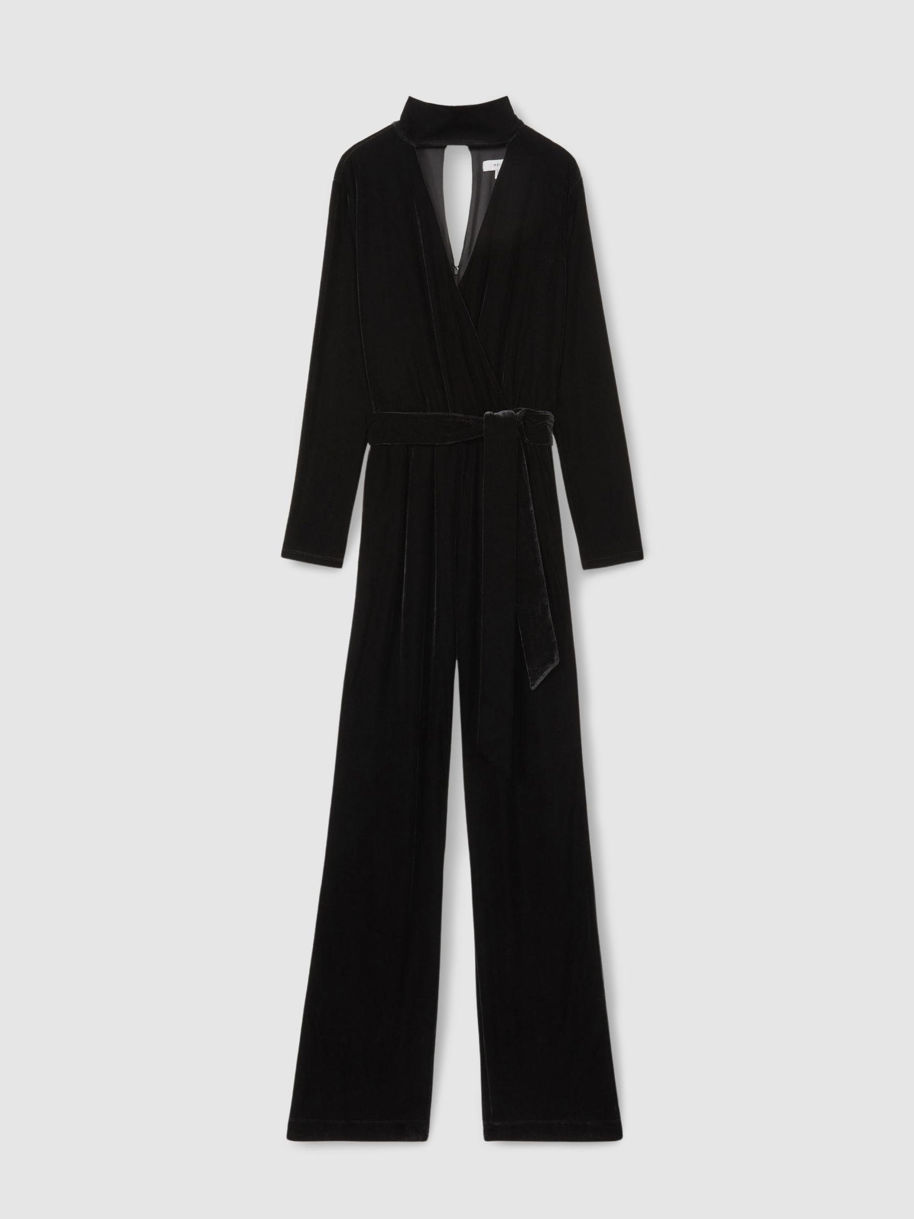 Velvet Belted Wide Leg Jumpsuit in Black Product Image