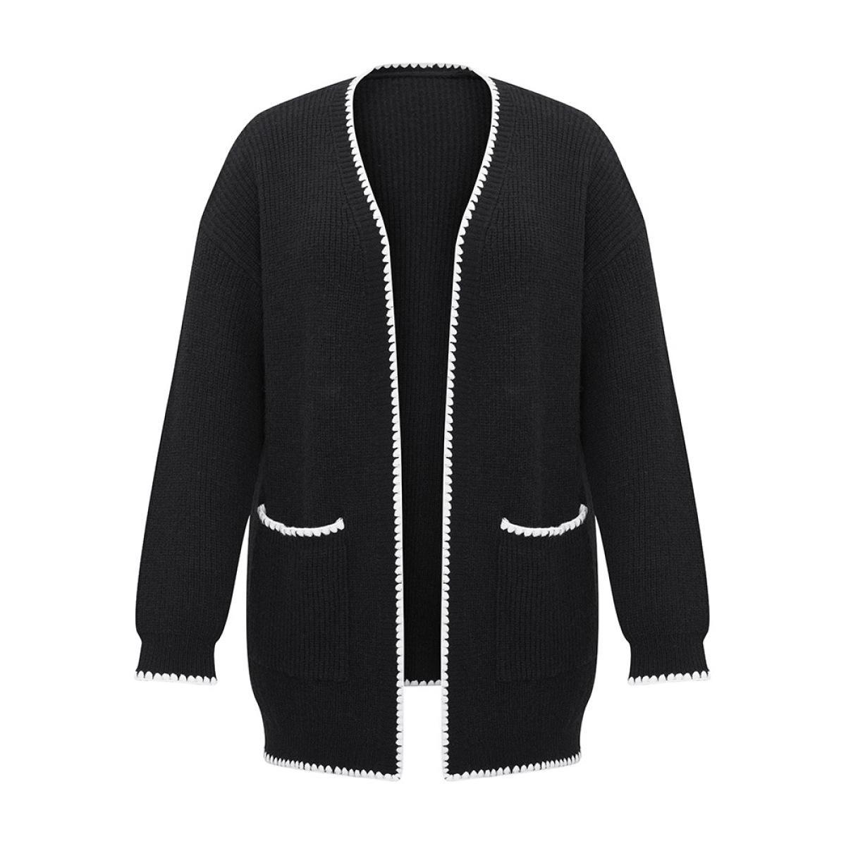 Plus Size Supersoft Essentials Contrast Trim Open Front Pocket Knit Cardigan Black Women Casual Loose Long Sleeve Dailywear Cardigans BloomChic 14-16/1X Product Image