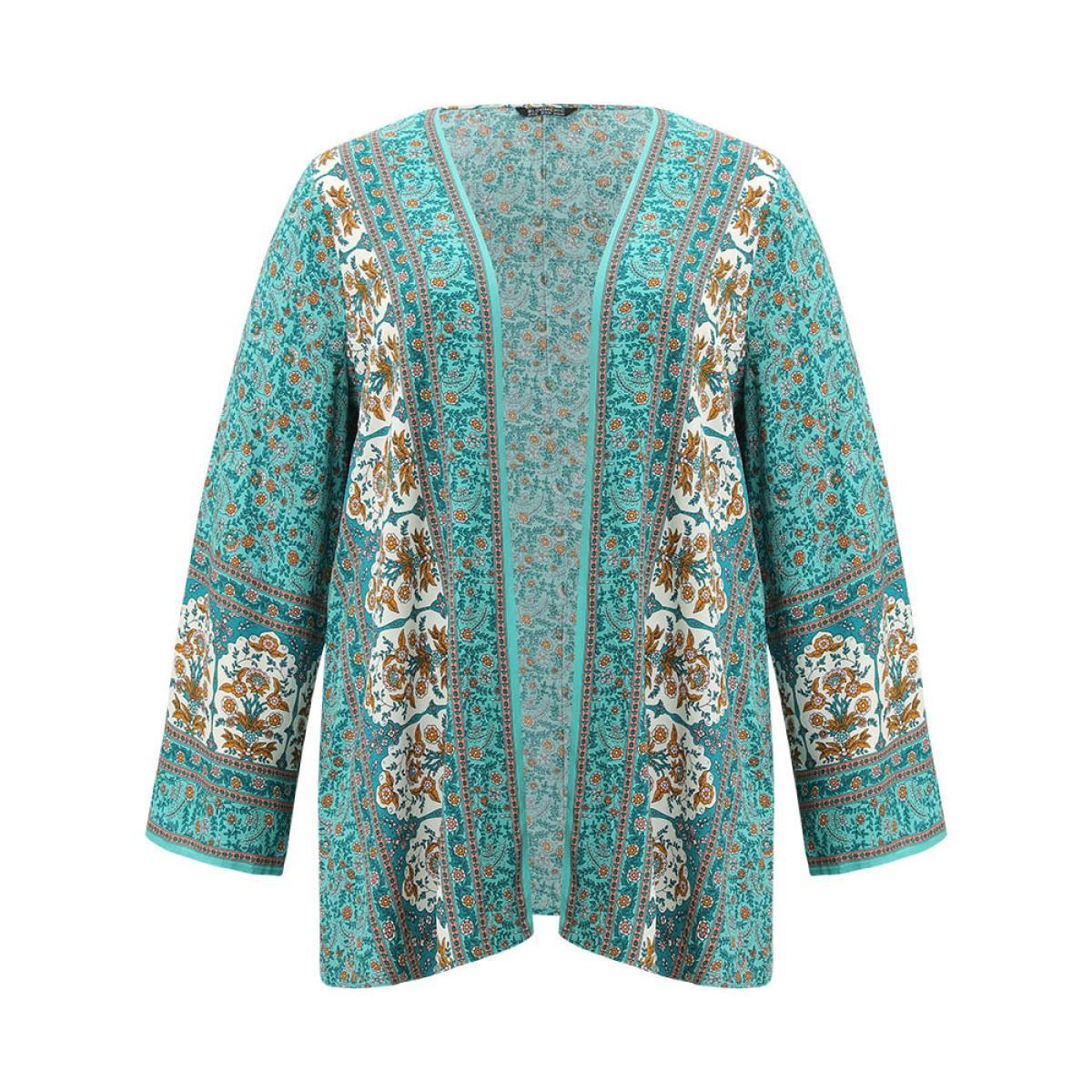 Plus Size Boho Print Flutter Sleeve Open Front Kimono Women Turquoise Casual Printed Loose Dailywear Kimonos BloomChic 18-20/2X Product Image