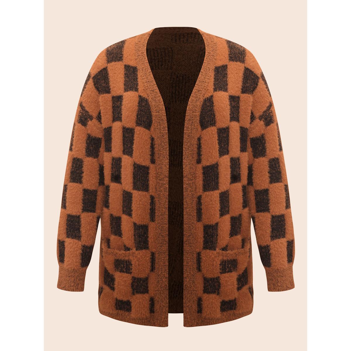 Plus Size Plaid Fluffy Patched Pocket Cardigan Yellowishbrown Women Casual Loose Long Sleeve Everyday Cardigans BloomChic 26/4X Product Image