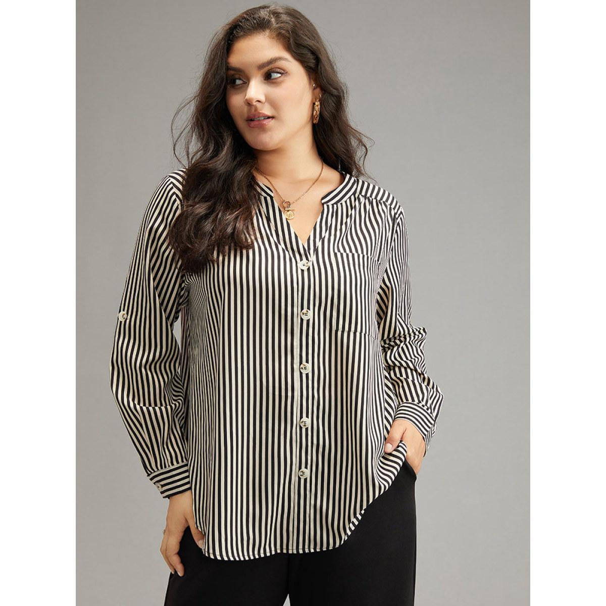 Plus Size LightBrown Striped Notched Button Through Blouse Women Office Long Sleeve Shirt collar Work Blouses BloomChic 22-24/3X Product Image