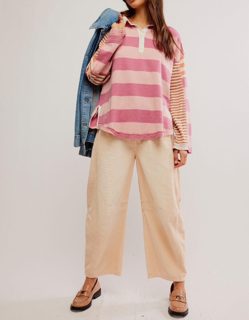 FREE PEOPLE Aster Womens Oversized Stripe Long Sleeve Polo Shirt - PINK COMBO Product Image