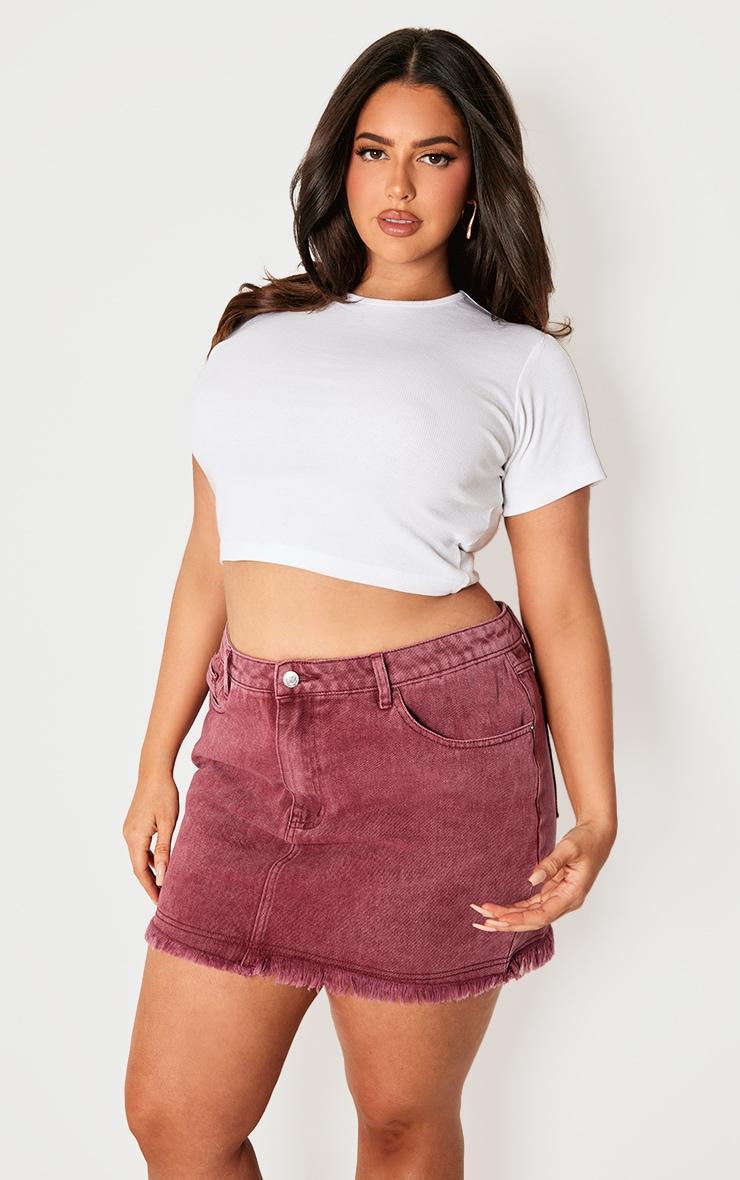 Plus Burgundy Washed Raw Hem Mini Skirt Product Image