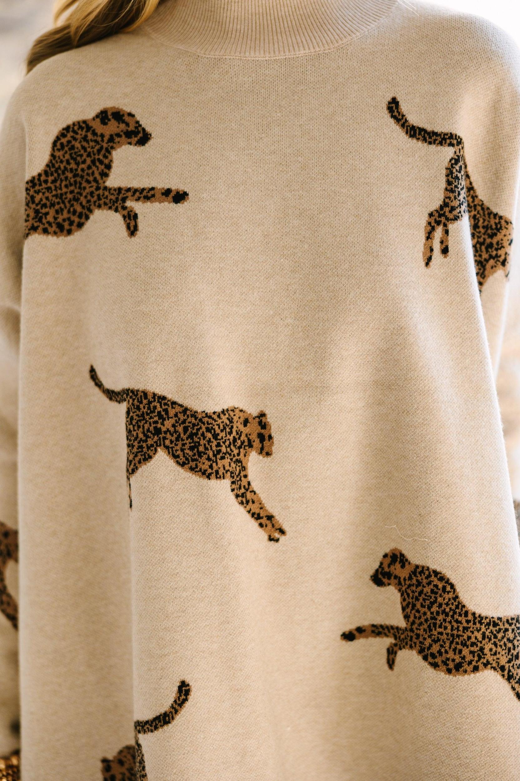 Quick Decisions Oatmeal Brown Cheetah Sweater Female Product Image