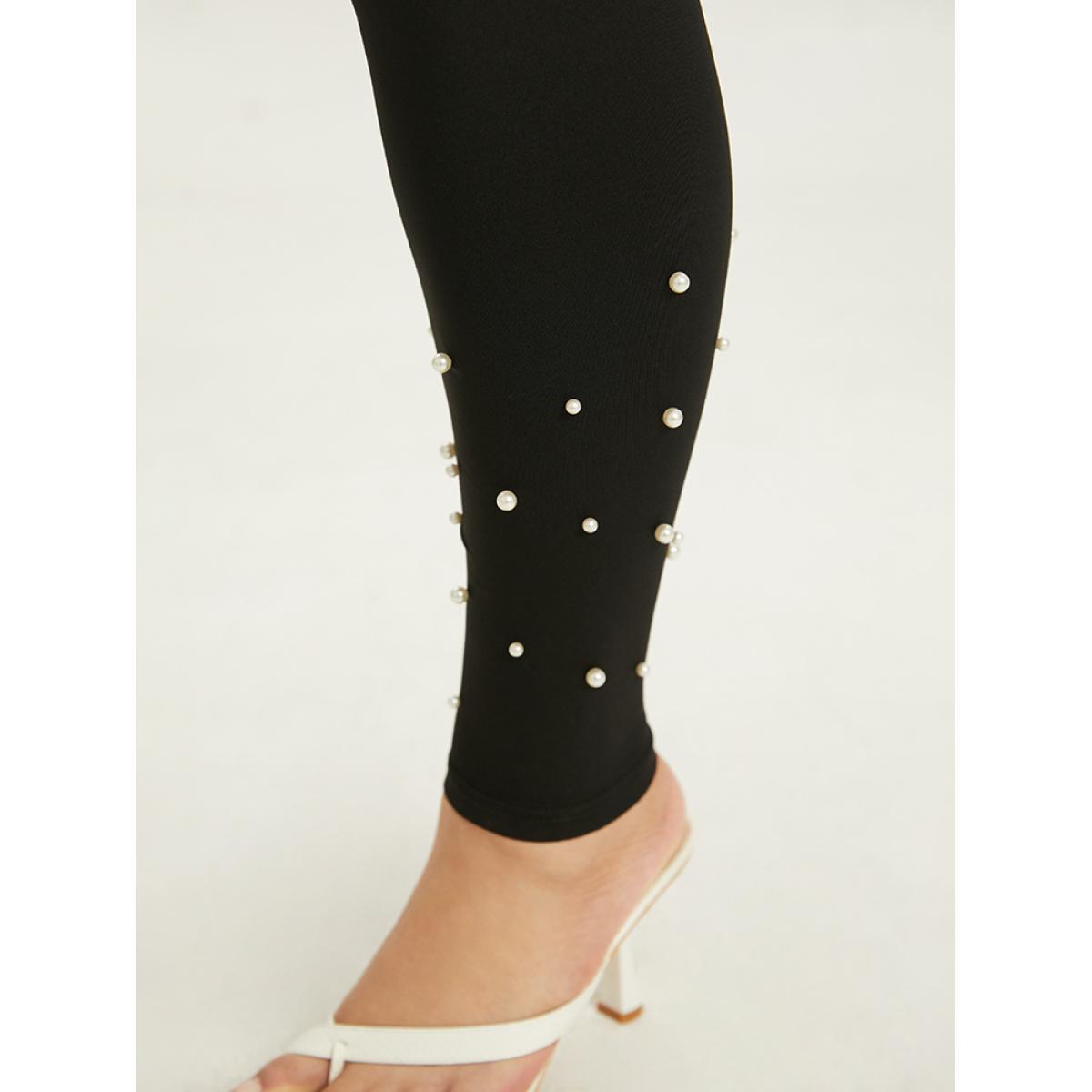 Plus Size Skinny Elastic Waist Pearl Beaded Leggings Women Black Elegant High stretch Skinny High Rise Dailywear Leggings BloomChic 10/M Product Image